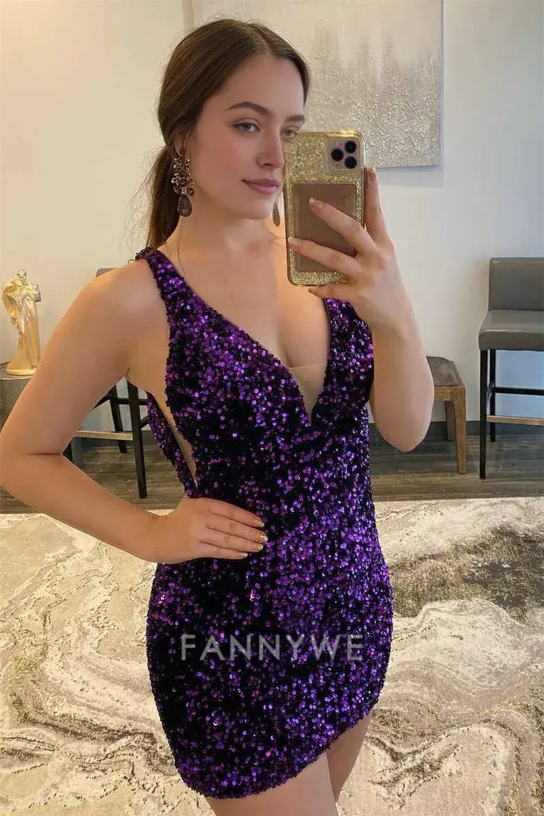 FannyWe Simple Purple Sequins Plunge Mini Homecoming Dress formal wear dresses